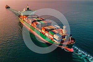 A container loading on cargo ship in open sea, freight shipping logistics, drone aerial view, export and import.