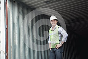 Container Logistics Shipping Management of Transportation Industry, Portrait of Transport Engineer Man Working Control Containers