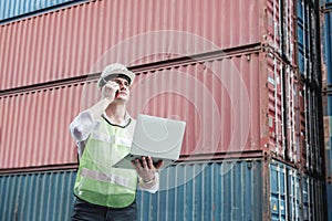 Container Logistics Shipping Management of Transportation Industry, Transport Engineer Managing Control Via Computer Laptop in