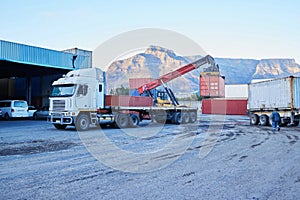 Container, logistics and truck for transport of cargo, stock or manufacturing delivery at a warehouse. Transportation of