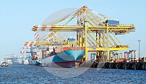 Cargo ship loading containers in Bremerhaven, Germany