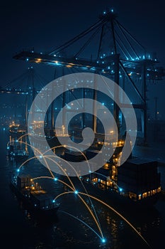 Container port at night with glowing network lines connecting cargo ships and cranes, representing synchronized smart logistics