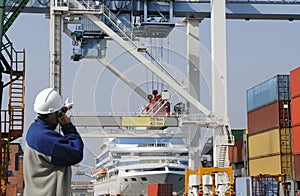 Container port, workers, cranes and trucks