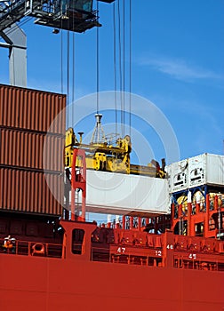 Container on red ship