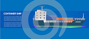 Container sailing ship cartoon vector illustration. Seagoing freight transport with loaded container ship. Global cargo photo