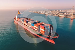 A Container ship aerial drone view, sea freight business logistics, export and import, shipping cargo boat transpor