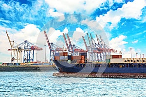 Container ship in cargo port of Hamburg on the river Elbe with cranes and containers. Container terminal against blue sky