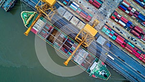 Container ship carrying container for import and export, Aerial view business logistic and freight transportation by ship in open