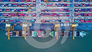 Container ship carrying container for import and export, Aerial view business logistic and freight transportation by ship in open