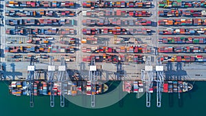 Container ship carrying container for import and export, Aerial view business logistic and freight transportation by ship in open