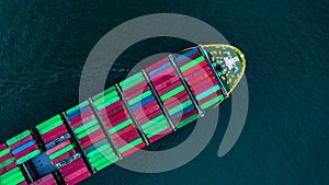 Container ship carrying container for import and export, Aerial view business logistic and freight transportation by ship in open