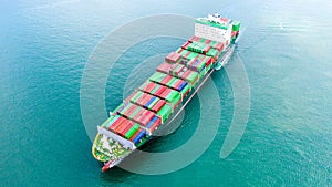 Container ship carrying container for import and export, business logistic and transportation by ship in open sea, Aerial view