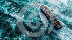 A container ship caught in a storm in the middle of the ocean, view from above. Highly volatile markets. Unstable situation in the