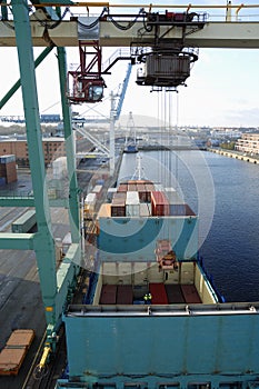 Container ship, crane and port