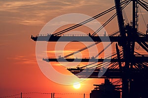 Container ship With cranes for loading goods in the port in the evening