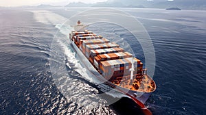 Container Ship Cruising in Open Sea with Mountain Backdrop