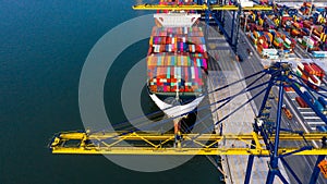 Container ship in deep sea port, Global business logistic import export freight shipping transportation oversea worldwide by