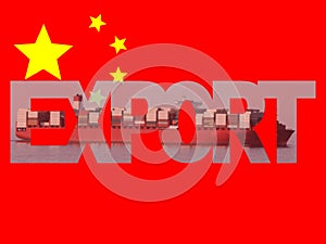 Container ship with export text and Chinese flag illustration