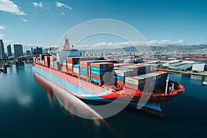 Container ship facilitates worldwide trade, quay crane loads cargo in import export