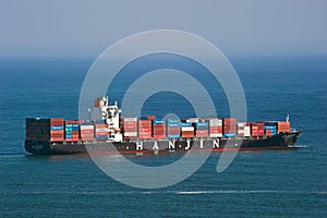 Container ship Hanjin Rio de Janeiro standing on the roads at anchor. Nakhodka Bay. East (Japan) Sea. 19.04.2014