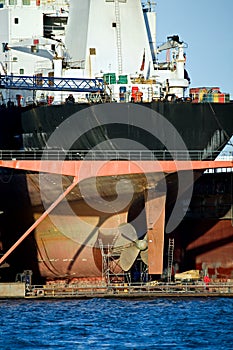 Container ship in harbor dry dock