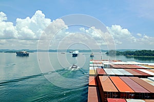 Container ship during her transit through Panama Canal.