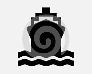 Container Ship Icon Big Boat Shipping Vessel Front View Ocean Linear Freight Shipment Sea Water Cruise Black Vector Sign Symbol