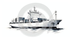 Container Ship Icon: Ink Etching Style On White