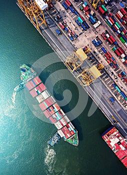 Container ship in import export and business logistic.By crane ,