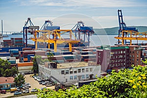 Container ship in import export and business logistic, By crane, Trade Port, Shipping cargo to harbor, Aerial view from