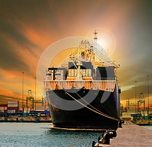 container ship in import export ship yard use for comercial freight, cargo and logistic industry business