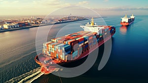 Container ship at industrial port in import export business logistic and transportation of international by container