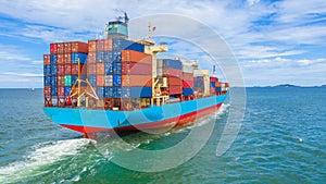 Container ship leaving the industrial port, Import and export business logistic and transportation of international by container