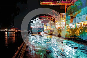a container ship loading with containers at night.