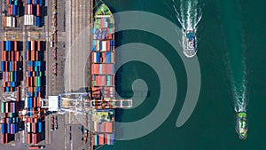 Container ship is loading in a port, Aerial top view container ship