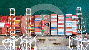 Container ship  loading in a port, Aerial top view container ship in business import export transportation logistic