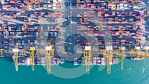 Container ship  loading in a port, Aerial top view container ship in business import export transportation logistic woldwide