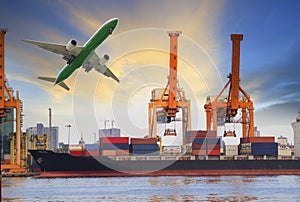 Container ship loading on port and cargo plane flying above for water and air transportation industry