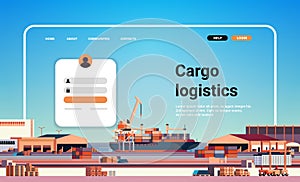 container ship loading in sea port website landing page template cargo logistics freight transportation concept