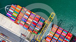 Container ship loading and unloading in deep sea port, Aerial top view of business logistic import and  export freight