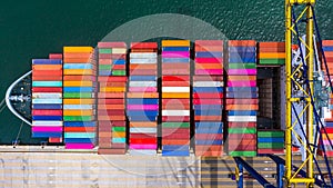 Container ship loading and unloading in deep sea port, Aerial top view of business logistic import and  export freight