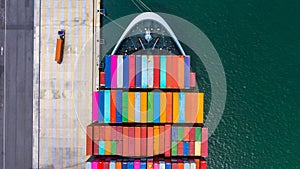 Container ship loading and unloading in deep sea port, Aerial top view of business logistic import and  export freight