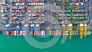 Container ship loading and unloading in deep sea port, Aerial top view of business logistic import and  export freight