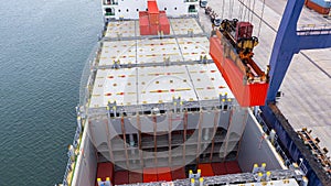 Container ship loading and unloading in deep sea port, Aerial top view of business logistic import and export freight