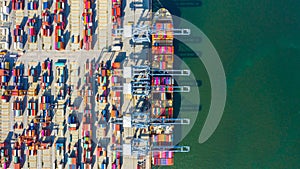 Container ship loading and unloading in deep sea port, Aerial top view of business logistic import and export freight