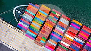 Container ship loading and unloading in deep sea port, Aerial top view of business logistic import and  export freight