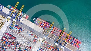 Container ship loading and unloading in deep sea port, Aerial top view of business logistic import and  export freight