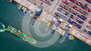 Container ship loading and unloading in deep sea port, Aerial top view of logistic import export transportation business by