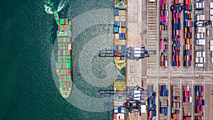 Container ship loading and unloading in deep sea port, Aerial top view of logistic import export transportation business by