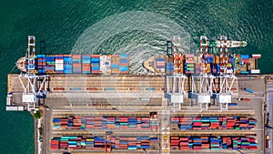 Container ship loading and unloading in deep sea port, Aerial top view of logistic import export transportation business by